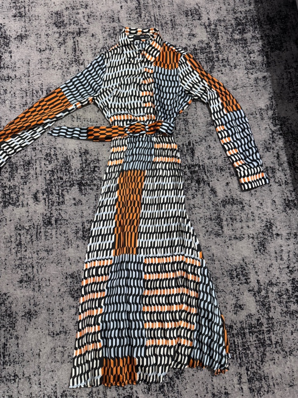 Mango Geometric Print Long-Sleeve Shirt Dress in Orange, Black, White